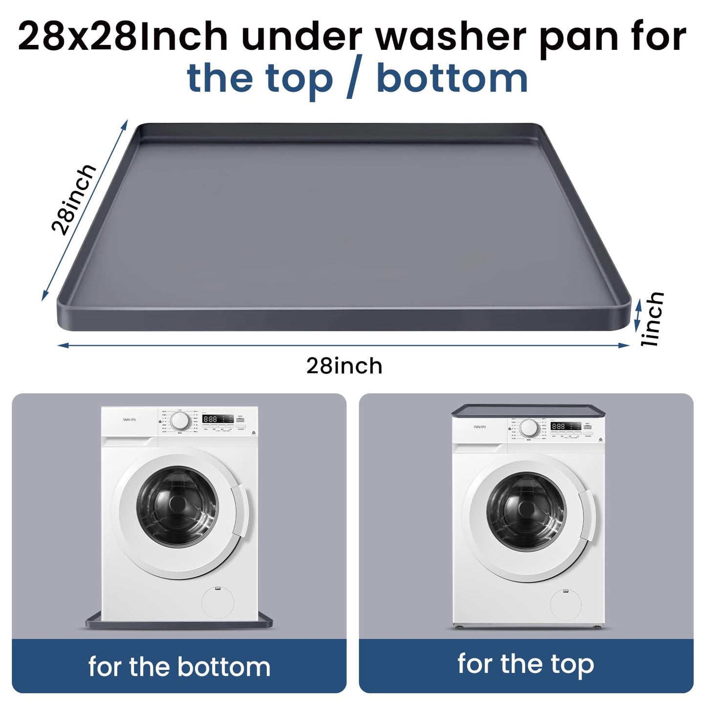 73x73 cm Large Thickened Silicone Washing Machine Drain Pan - 2.5cm Raised Edge Washing Machine Tray, Non-Slip Washing Machine Pan for Under Washer and Dryer (Grey)