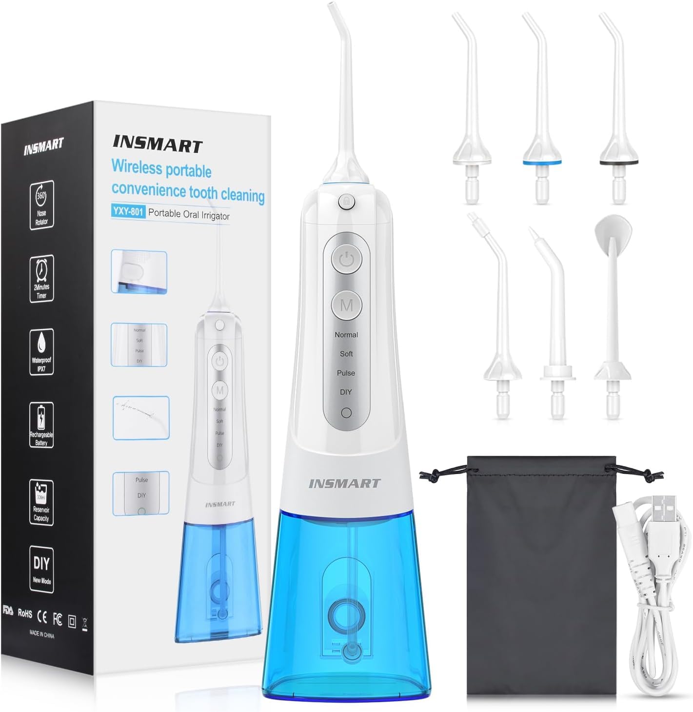Cordless Water Dental Flosser Teeth Clean, INSMART 300ML Tank DIY Mode USB Rechargeable Water flosser for Home and Travel, IPX7 Waterproof 4 Modes Water Floss for Oral Care(White)