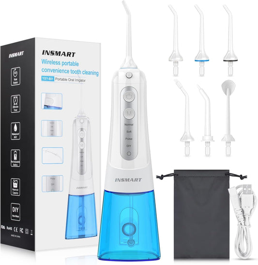 Cordless Water Dental Flosser Teeth Clean, INSMART 300ML Tank DIY Mode USB Rechargeable Water flosser for Home and Travel, IPX7 Waterproof 4 Modes Water Floss for Oral Care(White)