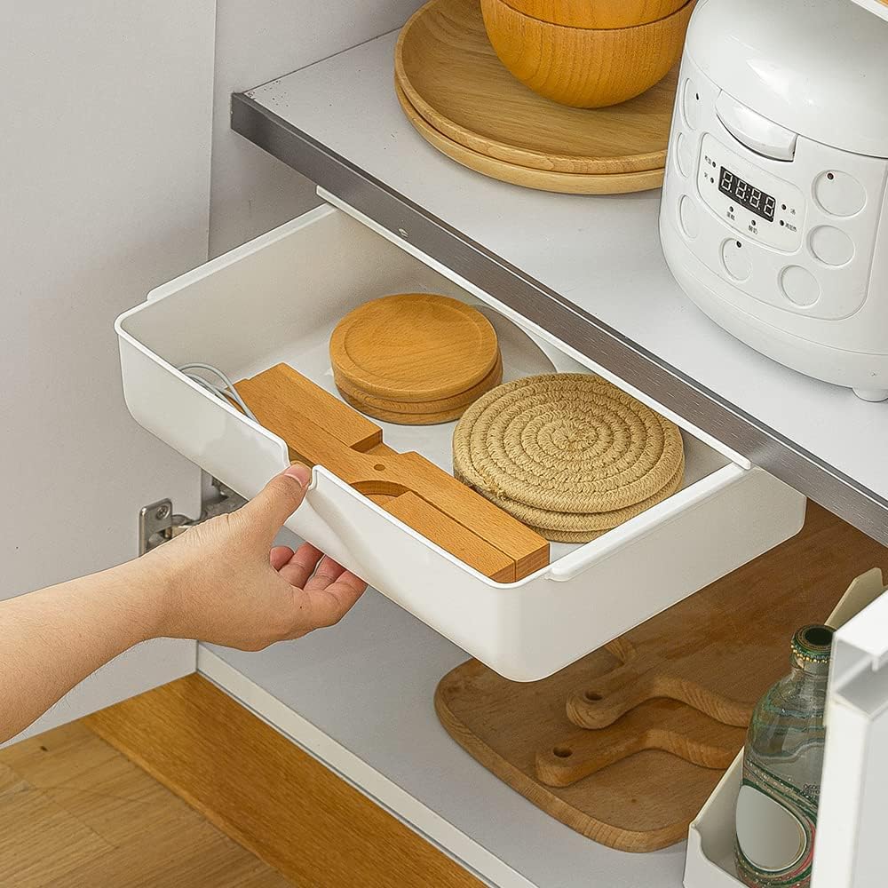 Poeland Under Desk Drawer Self-Stick Storage Organizer for Office Home School Large Size White 2 Pack, A0441-L-2