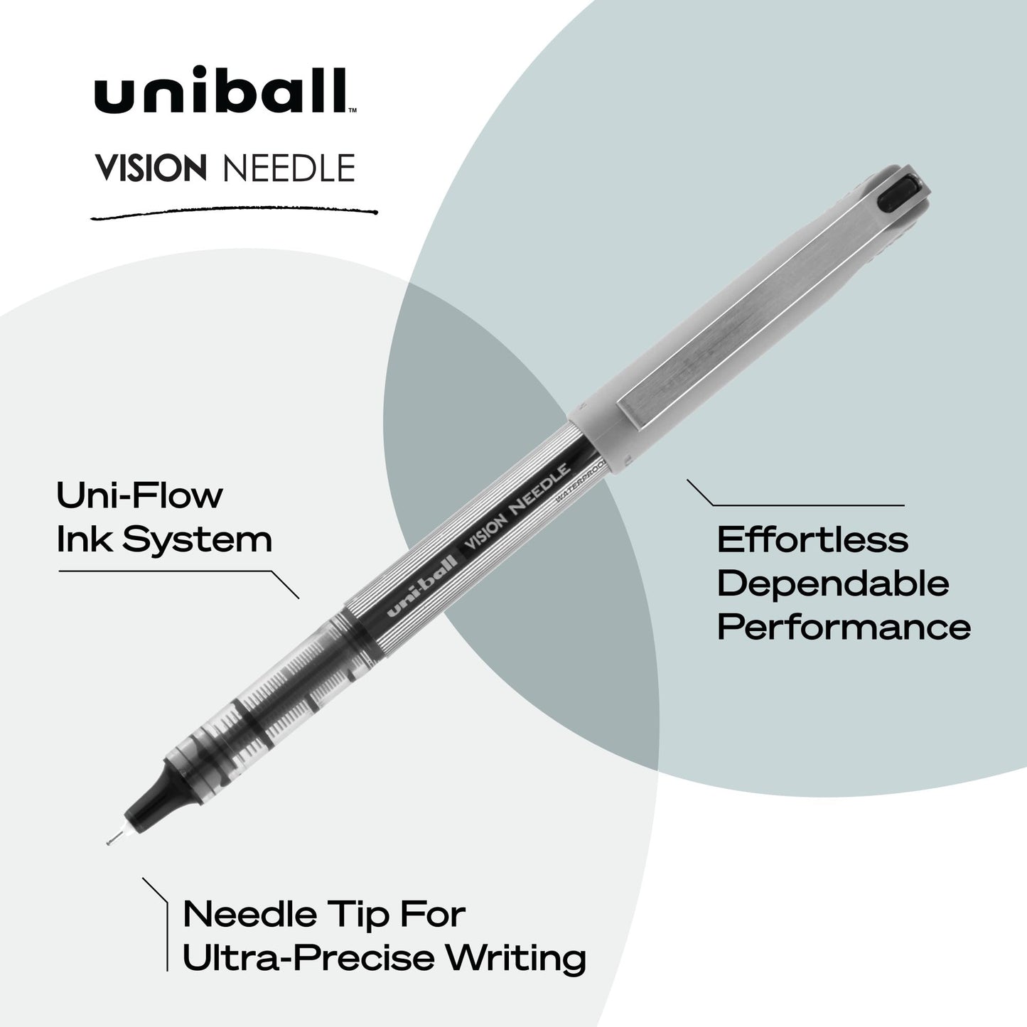 uni-ball VISION NEEDLE Rollerball, Stick Roller Ball Pen Fine-0.7mm, 12 Pack, Black Ink (1734903)