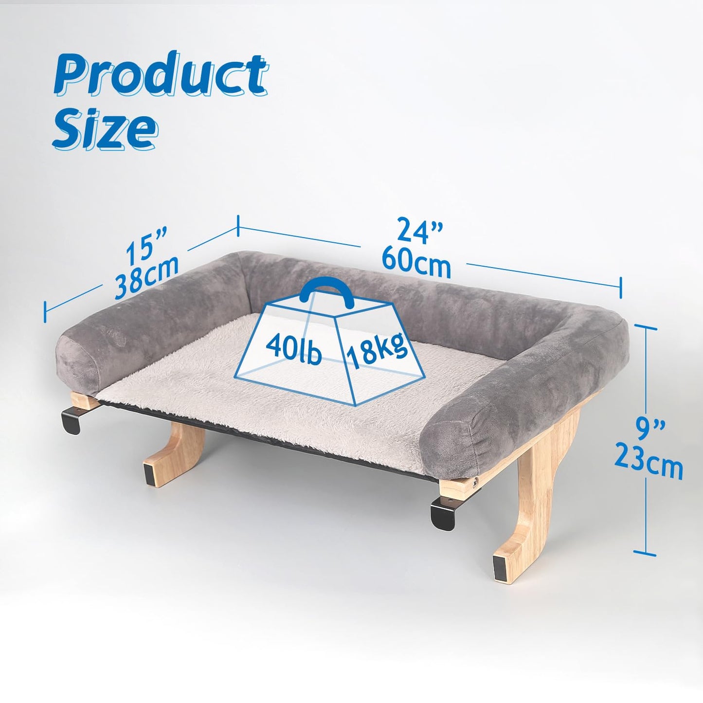 Zakkart Cat Perch for Window Sill with Bolster - Orthopedic Hammock Design with Premium Hardwood & Robust Metal Frame - Cat Window Seat for Large Cats and Kittens - Nartural Color Wood with Gray Bed