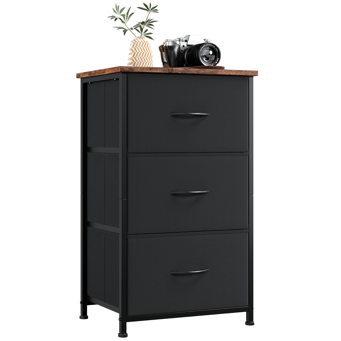 Somdot Nightstand, 3 Drawer Dresser for Bedroom, Bedside Table Night Stand End Table with Fabric Bins for Bedroom Closet Dorm, Black