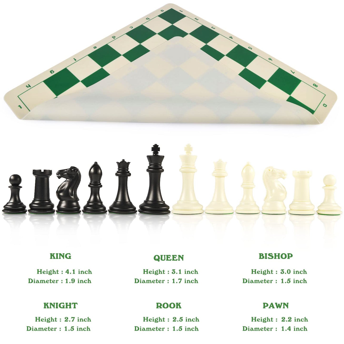 OUMODA 4" King Tournament Chess Set Foldable 20" Silicone Chess Board Mat with 2.2" Squares Green Color, Weighted Chess Pieces- 2 Extra Queens, Carrying Case for Storage and Travel