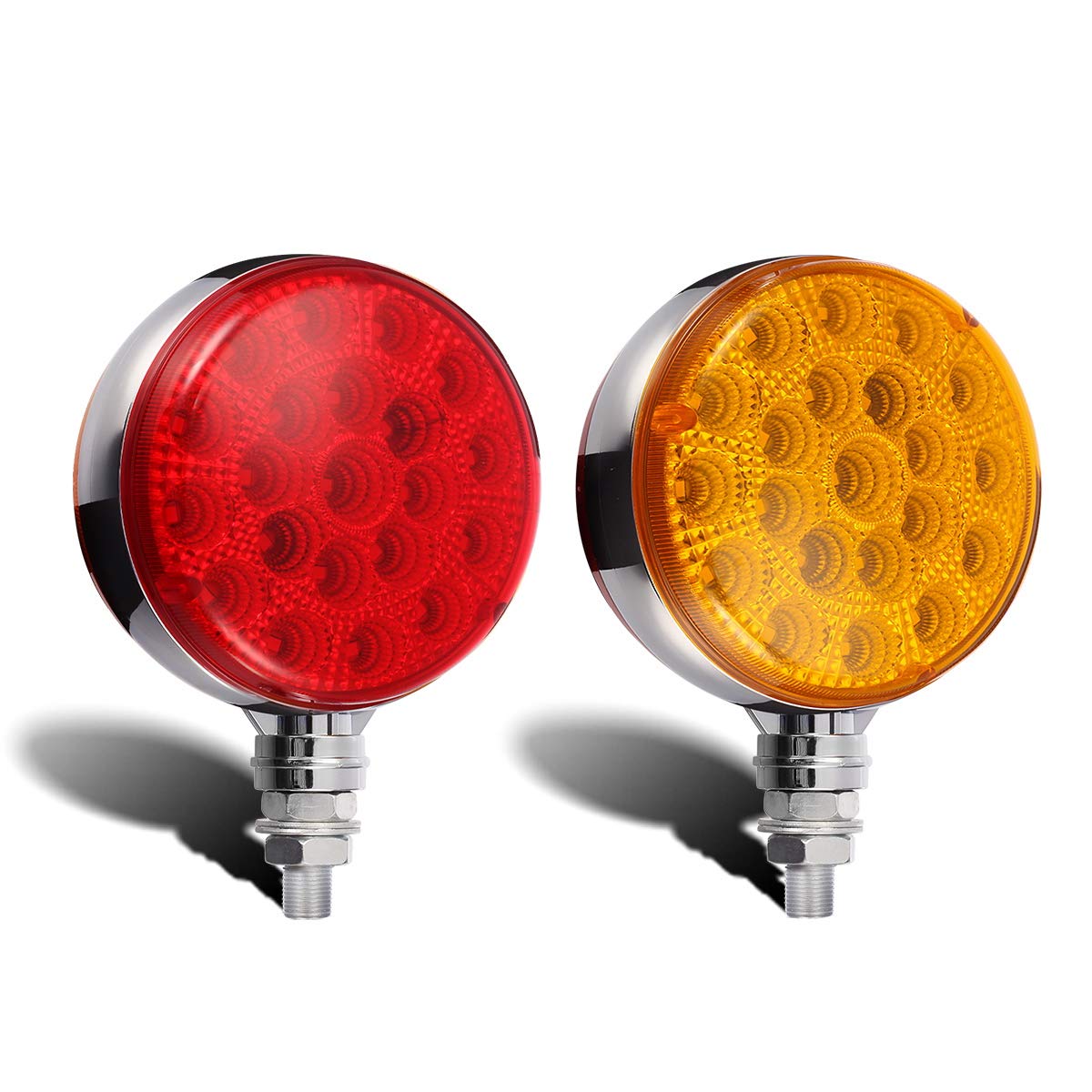 Partsam 2pcs Double Face Round Led Pedestal Lights Stop Tail Turn Signal Fender Mount Marker Lights Chrome Mini-reflex Replacement for Heavy-duty Trucks Trailers Waterproof, 10-30V