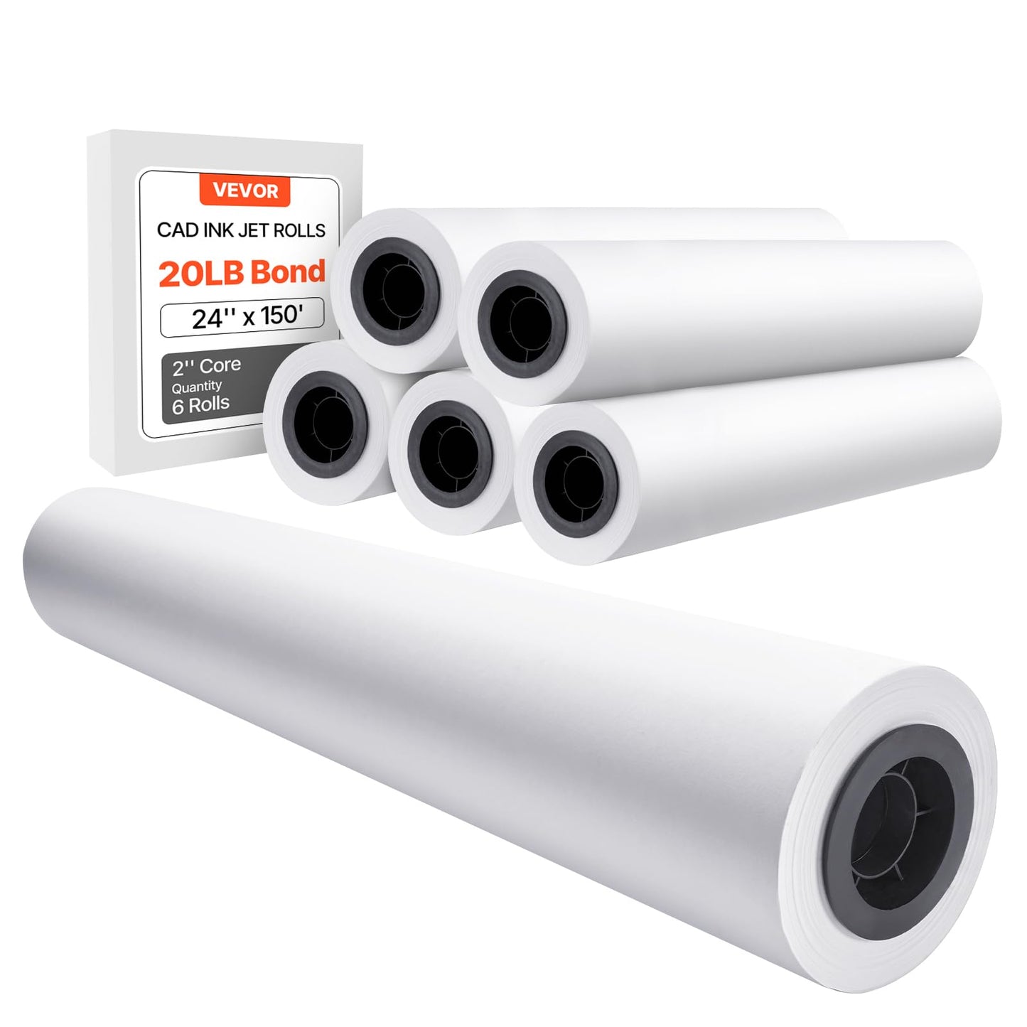 VEVOR Wide Format Paper, 24 in x 150 ft Plotter Paper, 4 Rolls CAD Bond Rolls with 2 in Core, 20 LB Bond Paper Rolls, Idea for CAD Drawings, Engineering Plans, GIS Maps & Architectural Designs
