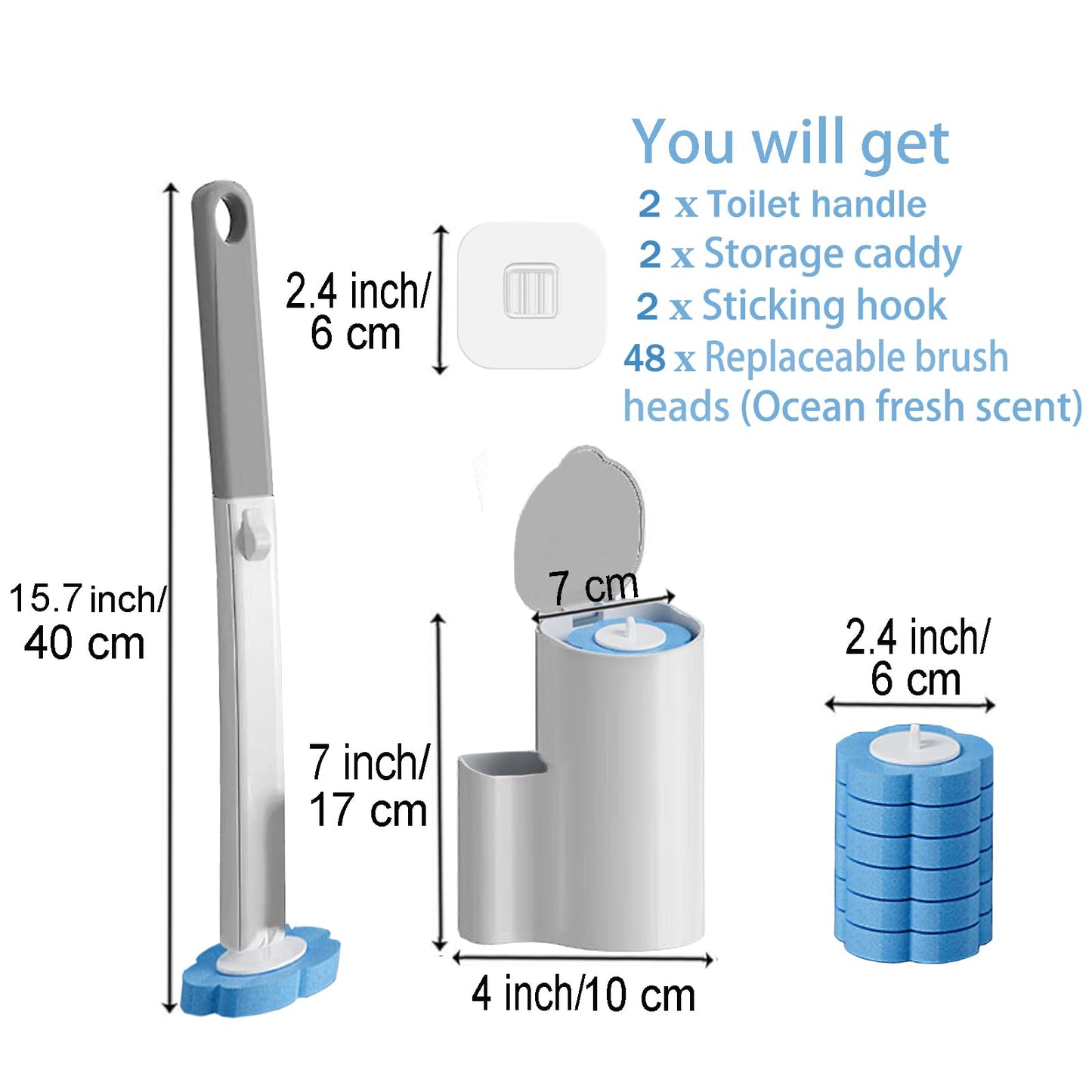 Ucaimao 2 Pack Disposable Toilet Brush and Holder Set,Extended Handle with 48 Cleaner Refills Toilet Brush for Toilet Bowl Cleaners,Bathroom Cleaning,Sink, Bathtub, Floor - Blue (Ocean Fresh Scent)