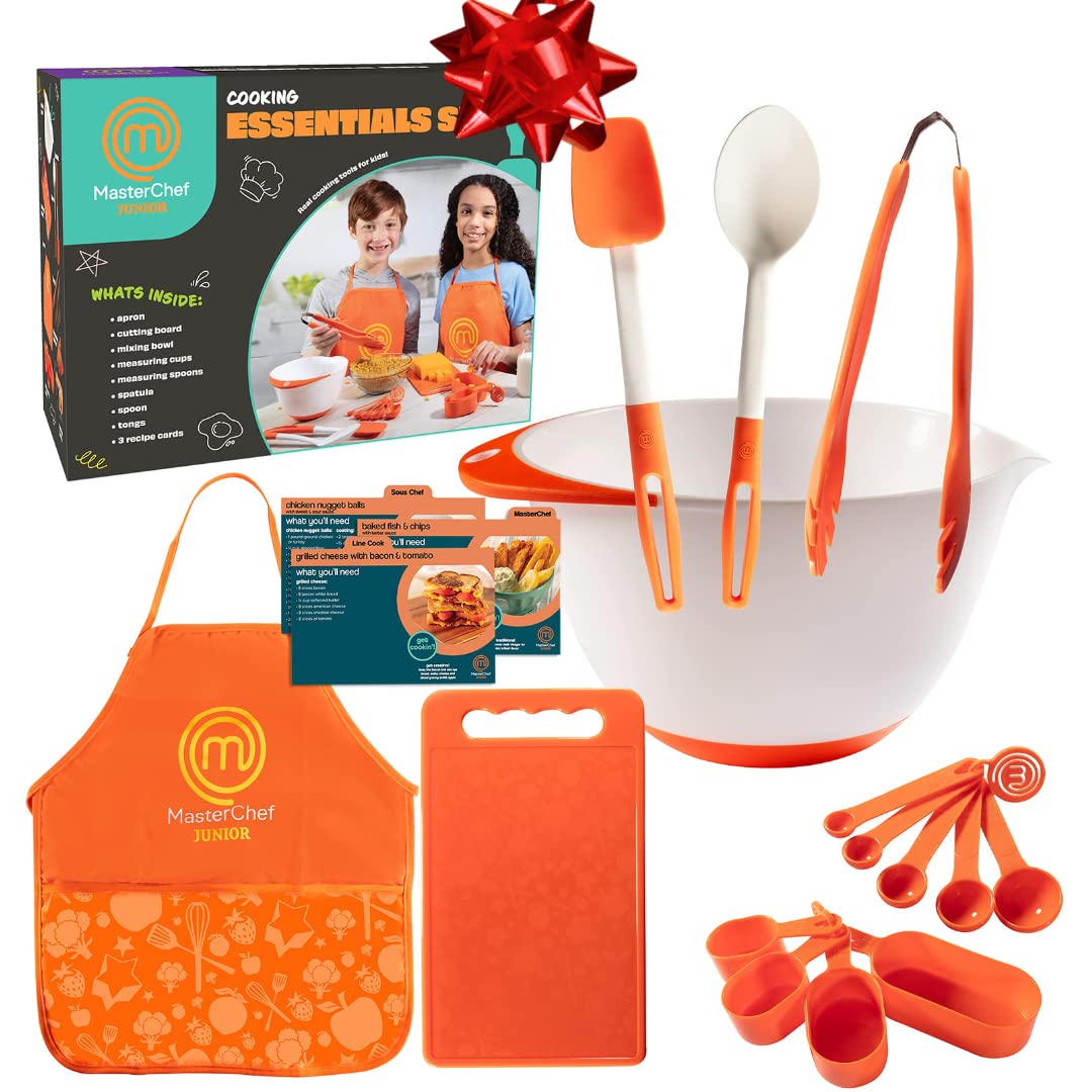 MasterChef Junior Cooking Essentials Set - 9 Pc. Kit Includes Recipes, Apron, Cutting Board, Mixing Bowl, Measure Cups, Spoons, Homemade