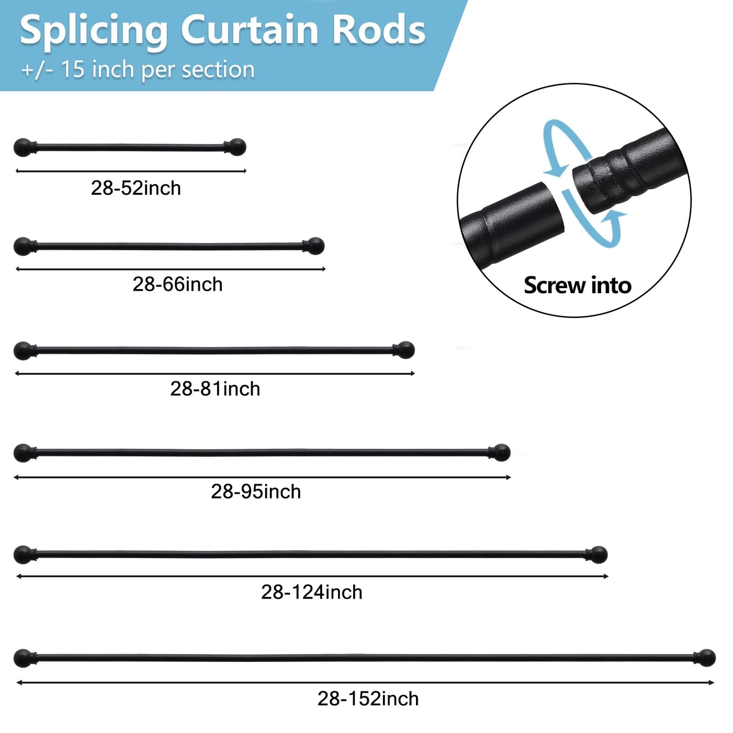 2 Pack Curtain Rods for Windows 28 to 81 Inch, 5/8 Inch Extra Long Matte Black Curtain Rod with Brackets(size：2.3-6.7 Feet)