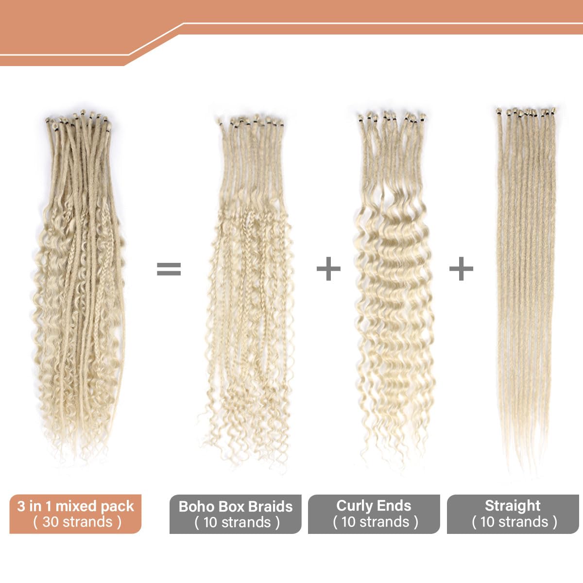 Lounoke 24 Inch 30 Strands SE Dreadlock Extensions Sets?3 In 1 Mixed Synthetic Dreads Extensions, 613 Blonde Straight&Curly&Boho Handmade Dreads Hippie Style Dreadlocks for Woman …