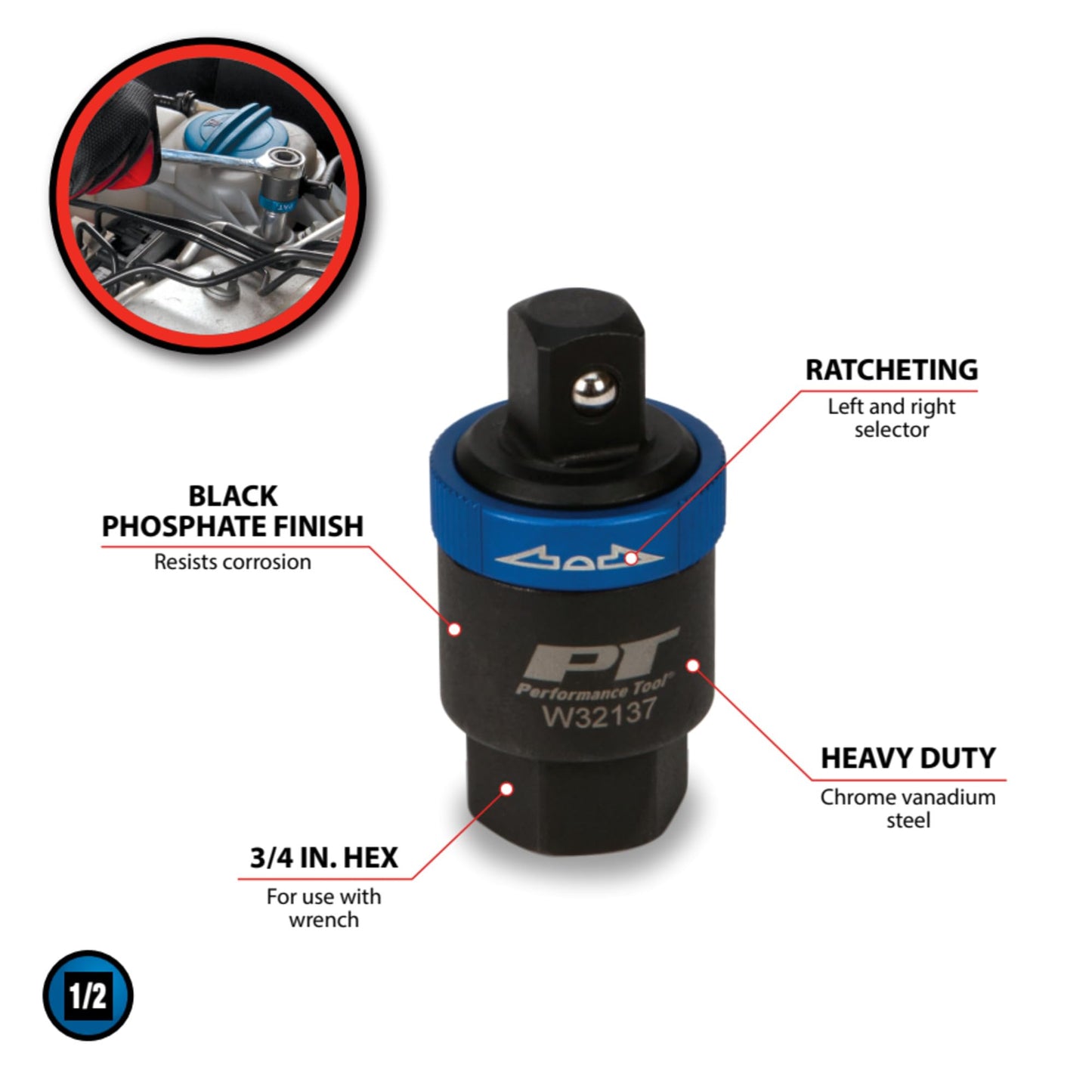 PERFORMANCE TOOL W32137 Wilmar 1/2 in. Dr. Ratcheting Adapter