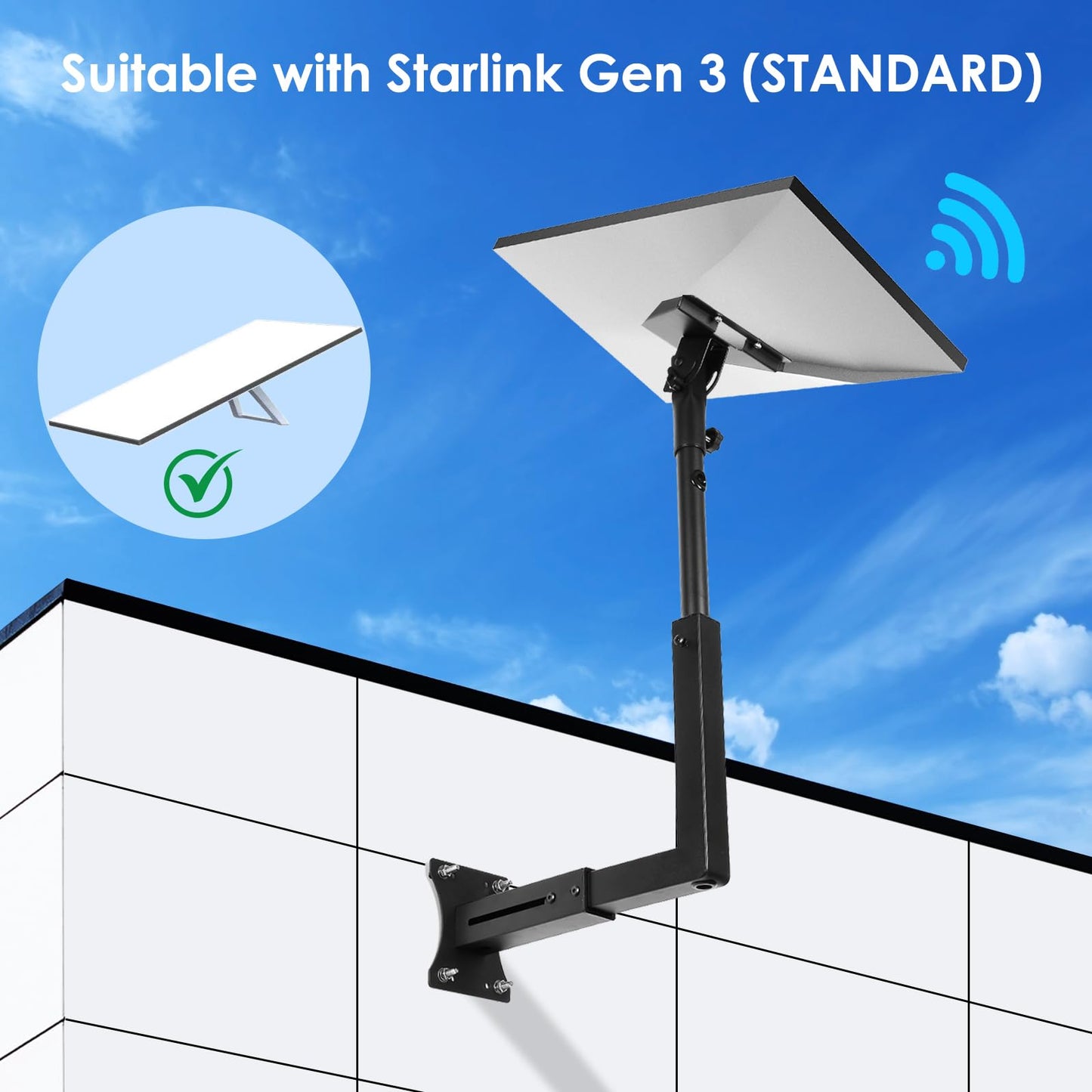 Bloazzup Starlink Mount, Adjustable Starlink Gen 3 Mount with Telescoping Support Arm, Rustproof, Weatherproof for Concrete Walls and Wood Walls, Easy Installation Black