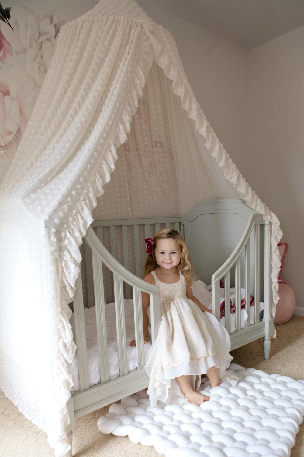 Wonder Space Elegant Kids Bed Canopy - Lace Chiffon Netting with Pom Pom, Princess Girls Fairy Dream Tent, Nursery Room Baby Crib Hanging Mosquito Net Children Reading Nook Decoration, Beige