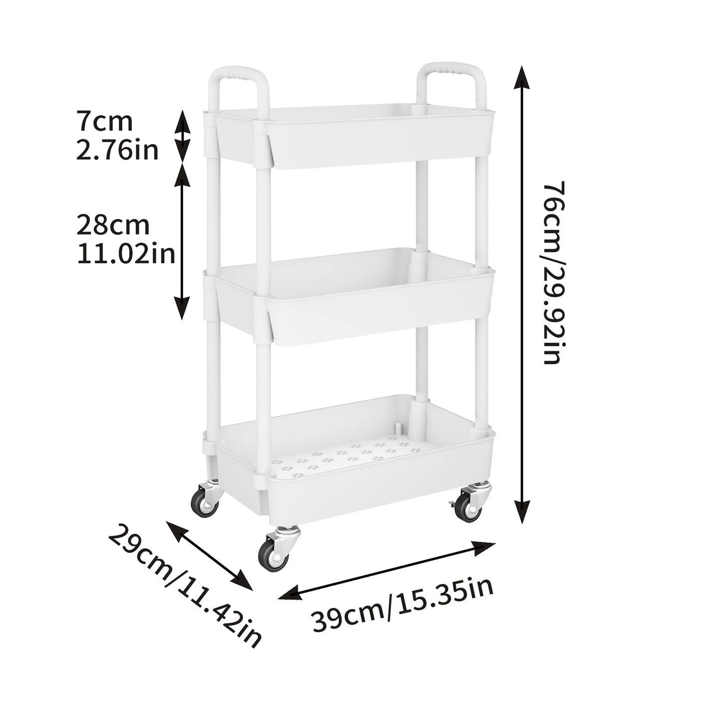 UDEAR 3-Tier Kitchen Rolling Utility Cart,Multifunction Storage Organizer with Handle and 2 Lockable Wheels for Kitchen,Bathroom,Living Room,Office,White