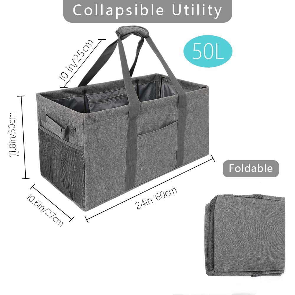 Vomgomfom 50L Extra Large Utility Tote Bag for Men Women, Resuable Grocery Bag with Collapsible Steel Wire Frame, Pool Beach Basket for Shopping, Beach, Picnic, Laundry (Gray)