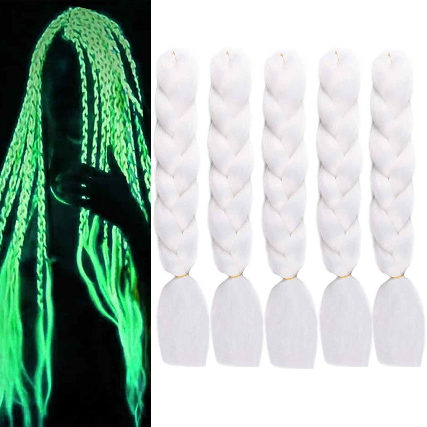 White Braiding Hair Kanekalon Braid Hair Glow in the Dark Hair Extensions 5pcs 24inch White Jumbo Braiding Hair Glowing Braiding Hair