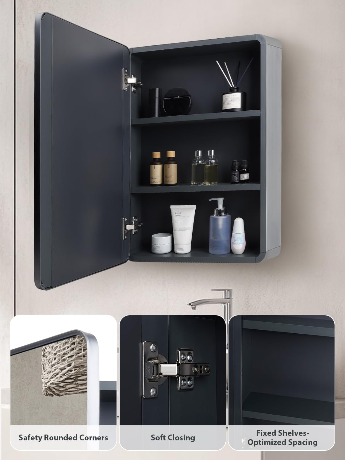 Avidanza 16x24 Inch Bathroom Medicine Cabinet with Mirror, Small Farmhouse Surface Cabinet with Soft-Close Hinges, Rounded Corner Aluminum Metal Vanity Frame & Glass, with 2 Toothbrush Holders (Grey)