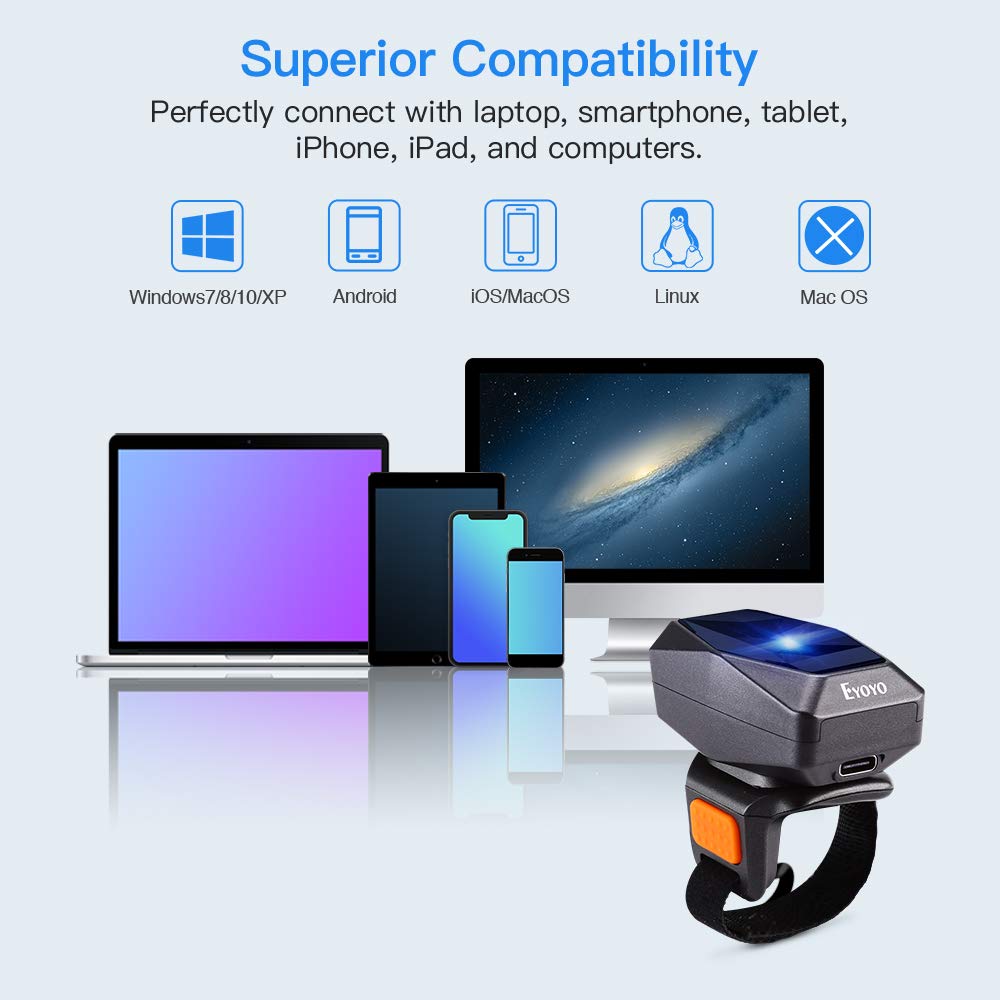 Eyoyo 1D Bluetooth Wearable Ring Barcode Scanner, Portable Mini Finger Bar Code Reader with 2.4G Wireless & USB Wired Connection for iPhone Android iOS, for Book, Warehouse Inventory, Express