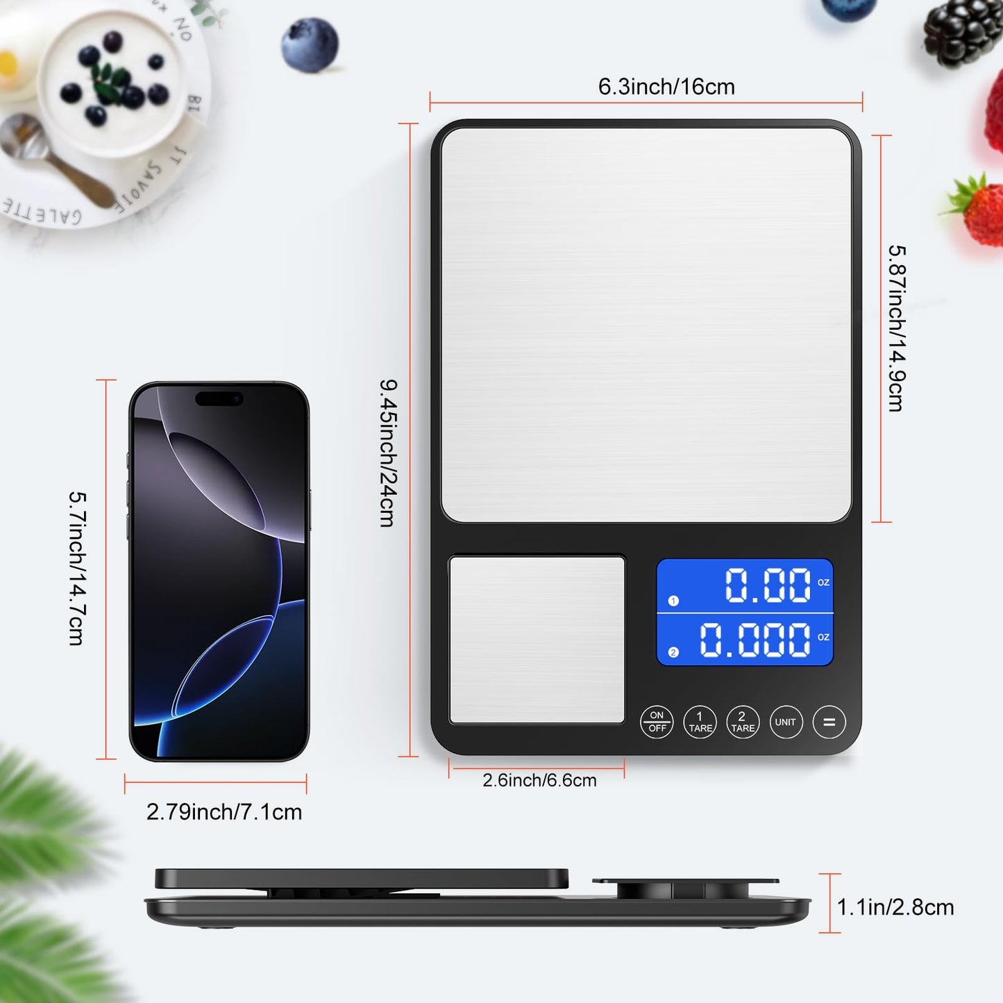 KUAIVO Dual Platform Digital Kitchen Scale, Two Scales in One, 33lb/15kg & 0.001oz/0.01g Precision, Coffee & Food Scale, Dual Display, Stainless Steel, Tare, g/oz/lb/ml