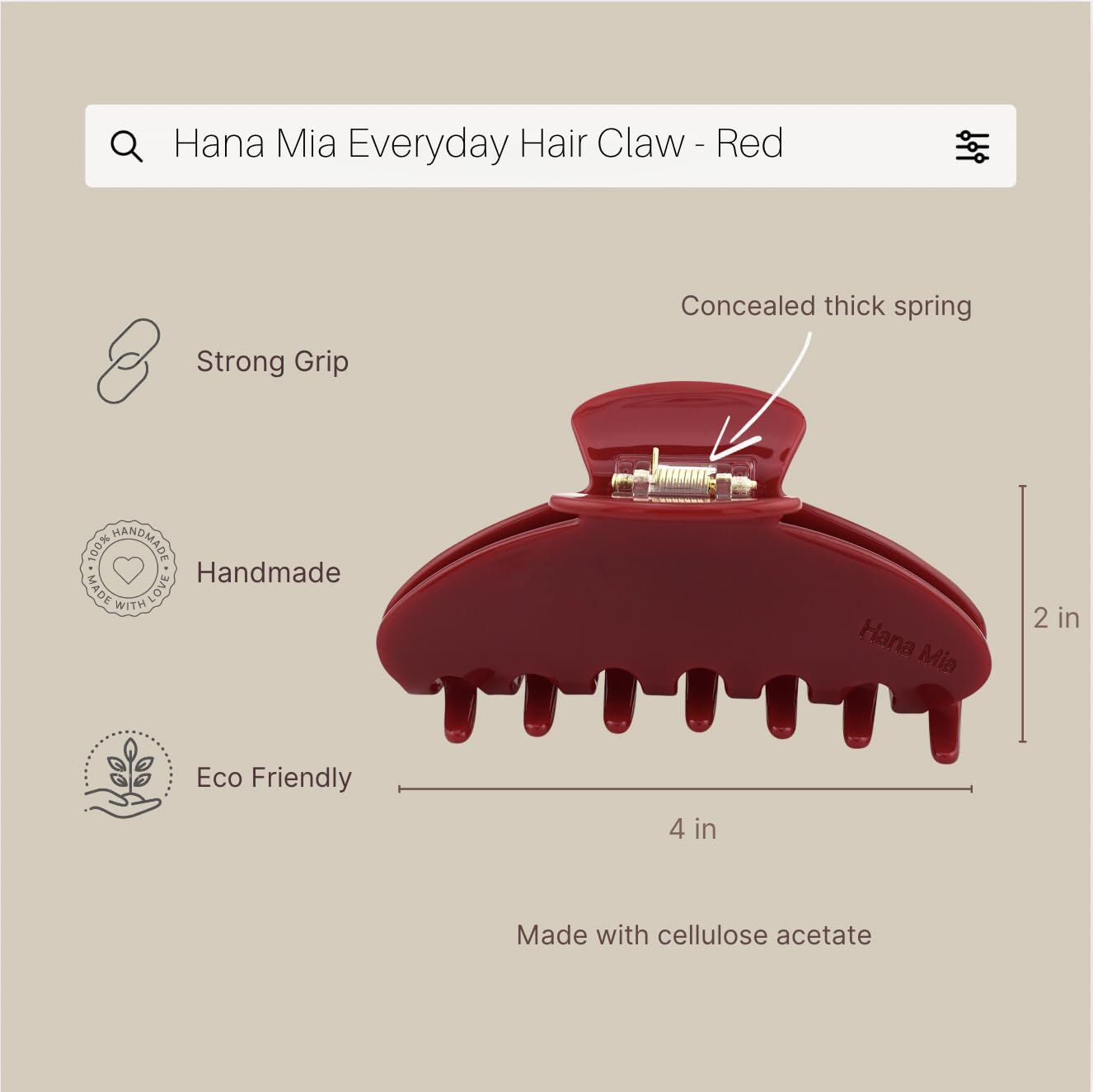 Hana Mia premium durable acetate hair claw - cute clip for thick or thin hair | large claws | 4 inch red claw clip for women (red)