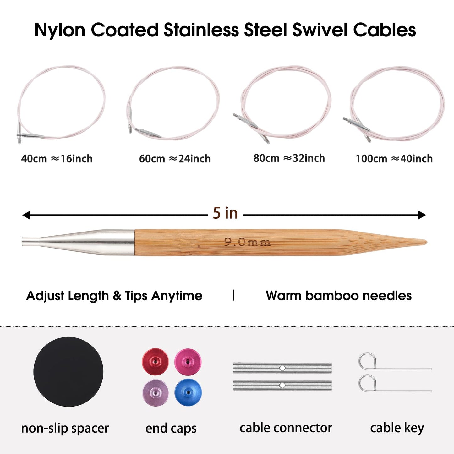 Guclud Bamboo Knitting Needles Set, 5-Inch Interchangeable Circular Knitting Needles US 4-15 (3.5-10mm),12 Pairs of Hand-Polished Circular Needles, 4 Cables, Accessories & Case (Bamboo/Silver Tip)