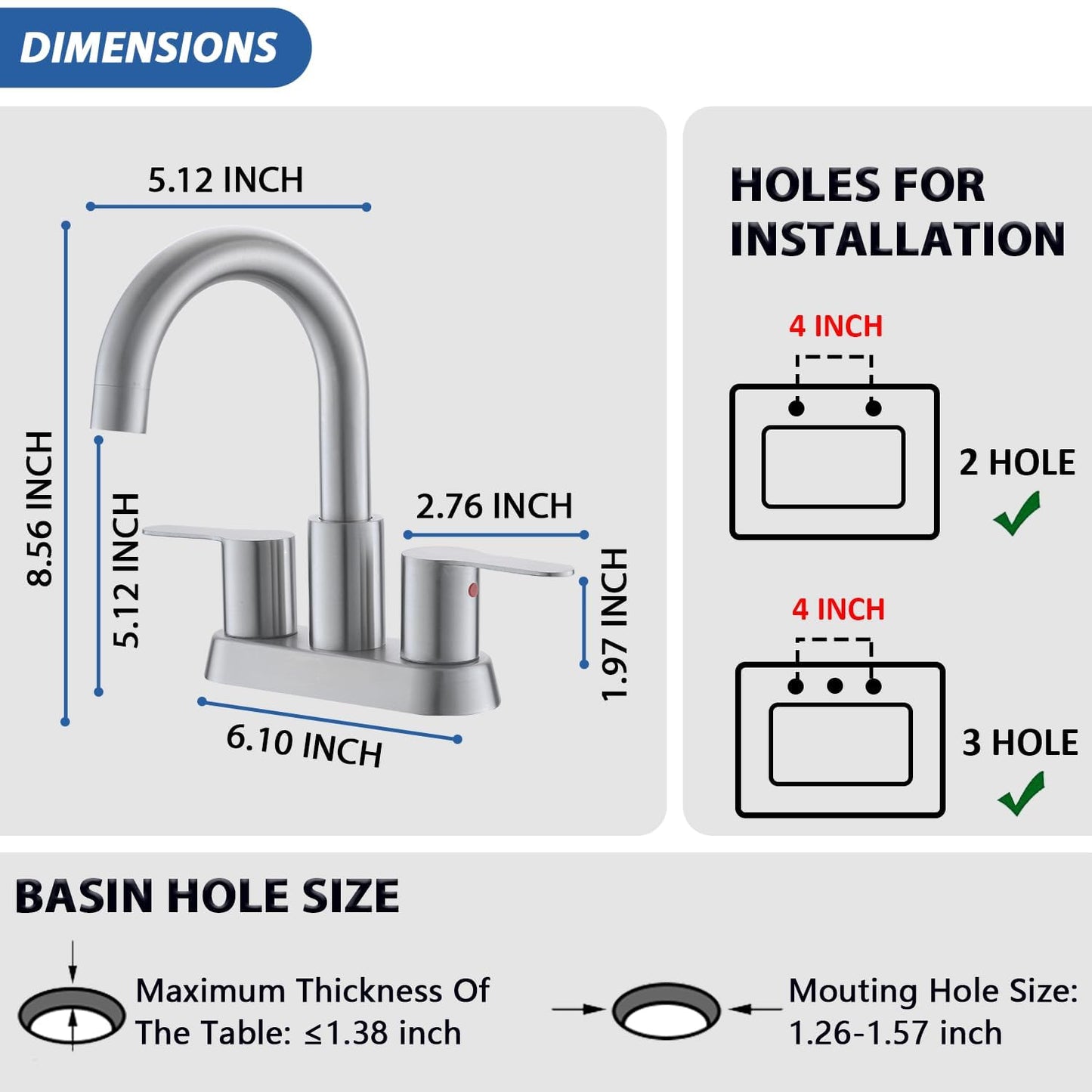 Brushed Nickel Bathroom Faucet, Two Handle Stainless Steel Bathroom Sink Faucet for 2 or 3 Hole, 4 inch Faucet Bathroom Sink with Pop Up Drain and Supply Line, RV Lavatory Vanity Sink Faucet, BF020L