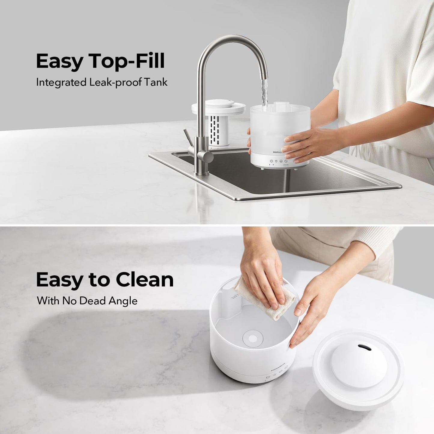 Homvana Small Humidifiers for Bedroom - 1.5L Cool Mist Top Fill Humidifier for Baby Nursery, Essential Oil Diffuser, 3 in 1 for Home Plants Offices and Grow Tents, 7 Color Lights, Ultrasonic (White)