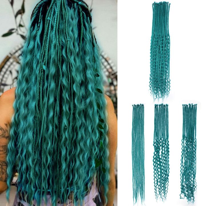 Quiduis 30 Inch 30 Strands SE Dreadlock Extensions,3 In 1 Mixed Synthetic Dreads Extensions,Pine Green Curly&Straight&Boho Single Ended Dreads Extensions Hippie Style Dreadlock for Women