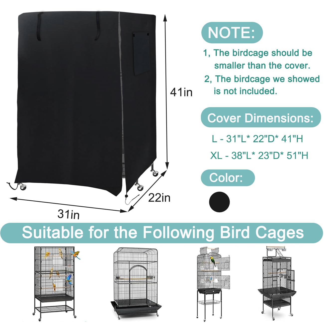 DECKALY Universal Bird Cage Cover, Black, L - 31”L×22”W×41”H, Sunlight & UV Protection, Waterproof, Fits Most 2-Tier Pet Cages