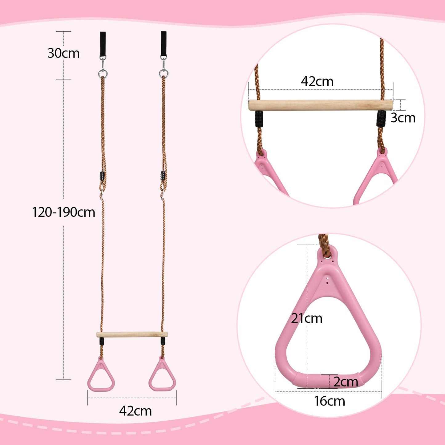RedSwing Trapeze Swing Bar Rings, Trapeze Bar for Kids with Adjustable Rope, Locking Straps, Outdoor Swing Set Playground Accessories, Pink