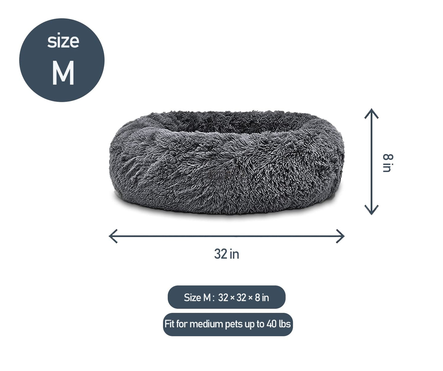 Dog Bed, Calming Donut Washable Pet Bed for Medium Dogs up to 40lbs, Anti Anxiety Long Plush Faux Fur Round Dog Bed with Non-Slip Bottom