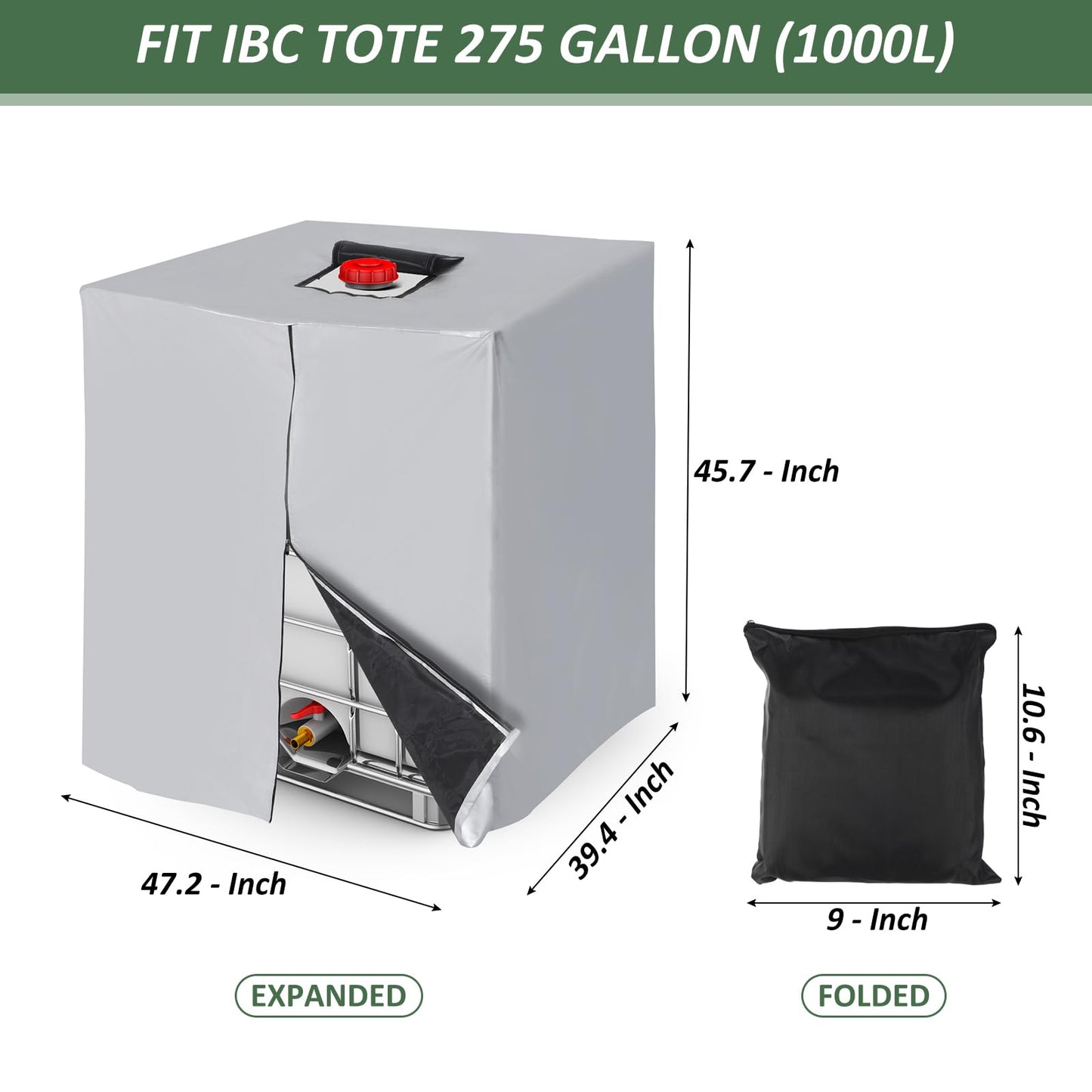 PATIKIL IBC Tote Cover 275 Gallon 420D Fabric Sunshade Waterproof Water Tank Protective Cover with Zipper for 1000L Outdoor Garden Water Ton Rain Barrel, Silver (120 * 116 * 100cm)