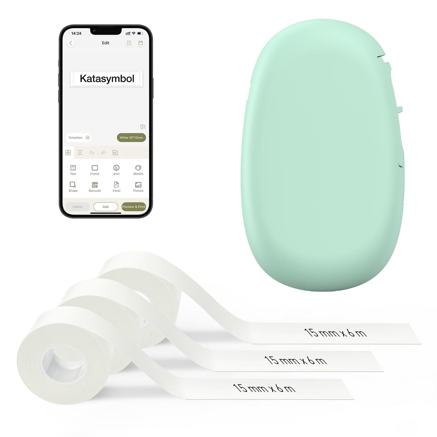 SUPVAN E10 Bluetooth Label Maker Machine with 3 Tapes, Continuous Waterproof Label, Versatile App with 30+ Fonts and 660+ Icons, Inkless Labeler for Home, Kitchen, School, Office Organization, Green