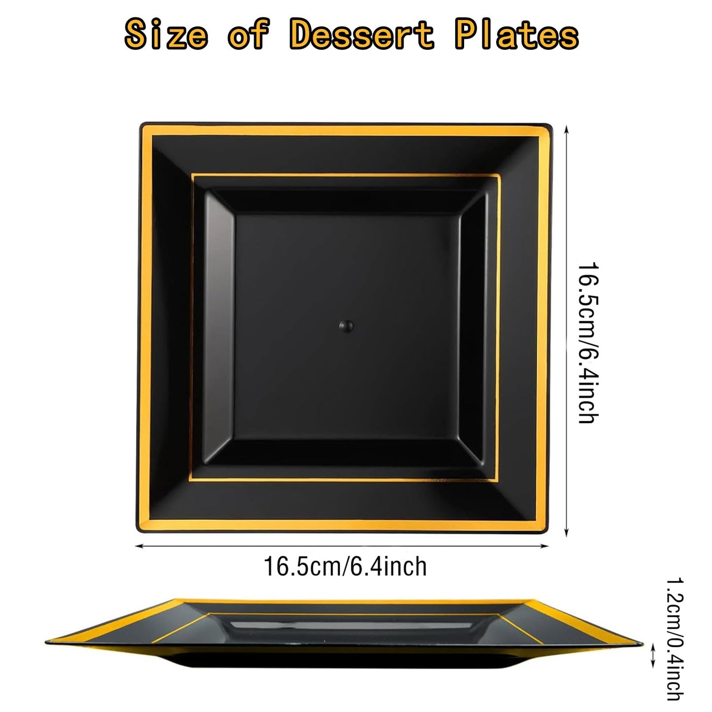 100 Pcs Black and Gold Plastic Plates 6.5 Inch Square Dessert Plates Small Cake Plate Elegant Appetizer Trays Disposable for Gathering Birthday Wedding Halloween Party