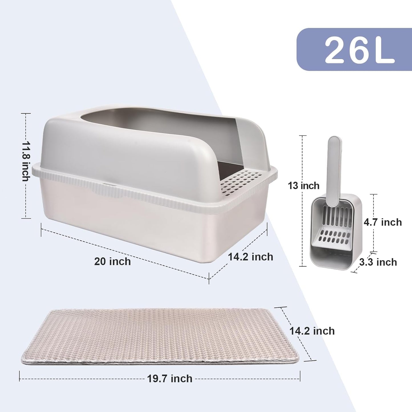 Stainless Steel Cat Litter Box with Lid, 20" L x 14.2" W x 11.8" H, Extra Large Litter Box for Big Cats with High Sided, Anti-Urine Leakage, Easy Cleaning (Light Grey)