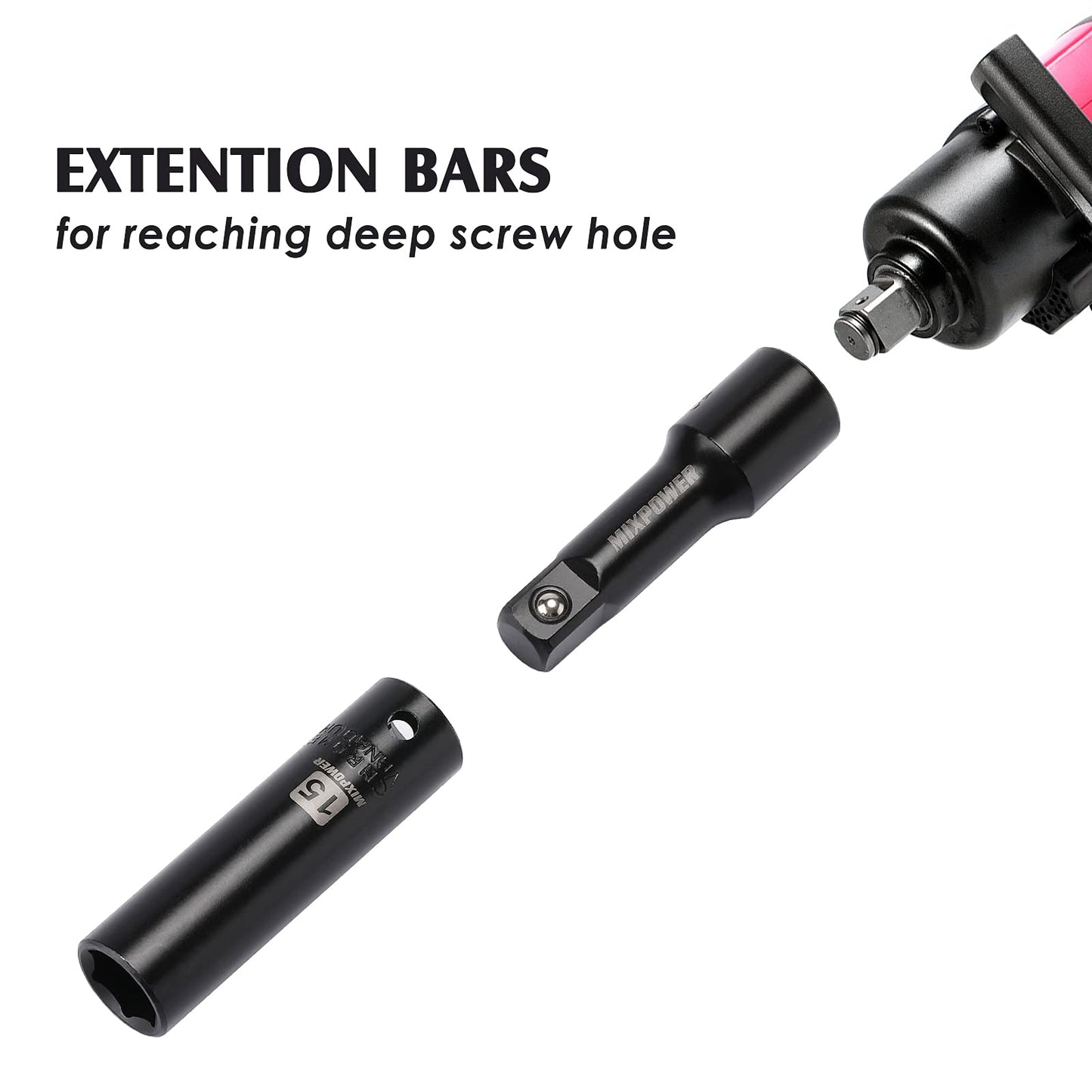 MIXPOWER 1/2-Inch Drive Deep Impact Socket Set, CR-V, Metric Size 10-24mm, 6 Point, Perfect for Home, Mechanic and Repair Project, 19-Piece Sockets Set with Extension Bar and Universal Joints.