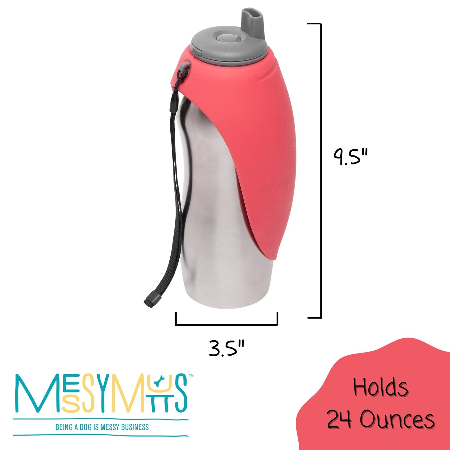 Messy Mutts Stainless Steel Travel Water Bottle with Silicone Flip Up Bowl | Pet Travel Necessity | Camping, Hiking, Walking Accessory | 24 oz / 700mL | Watermelon