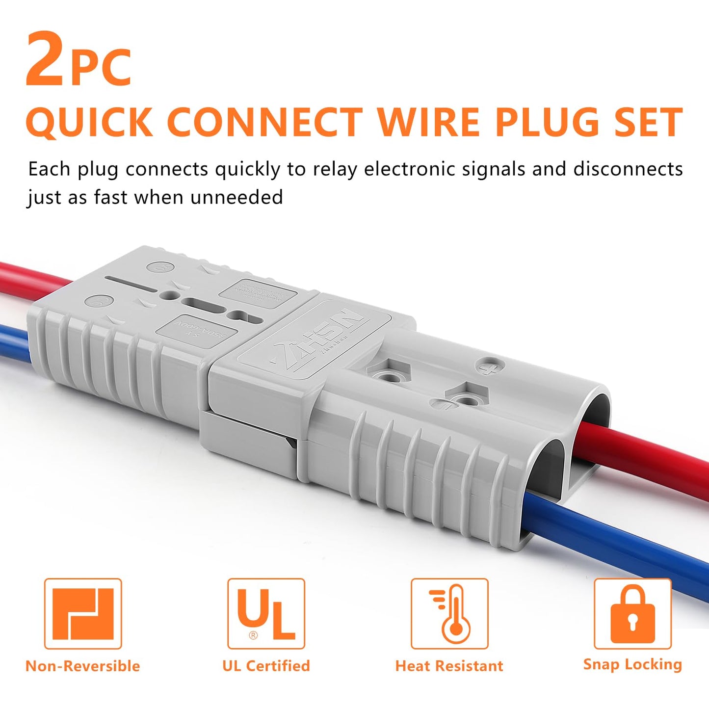 Zhushan 2 Pcs 350A Battery Quick Disconnect Connector Plug Kit for Trailer Winch - AWG 2/0 Gauge, Grey - Easy and Reliable Power