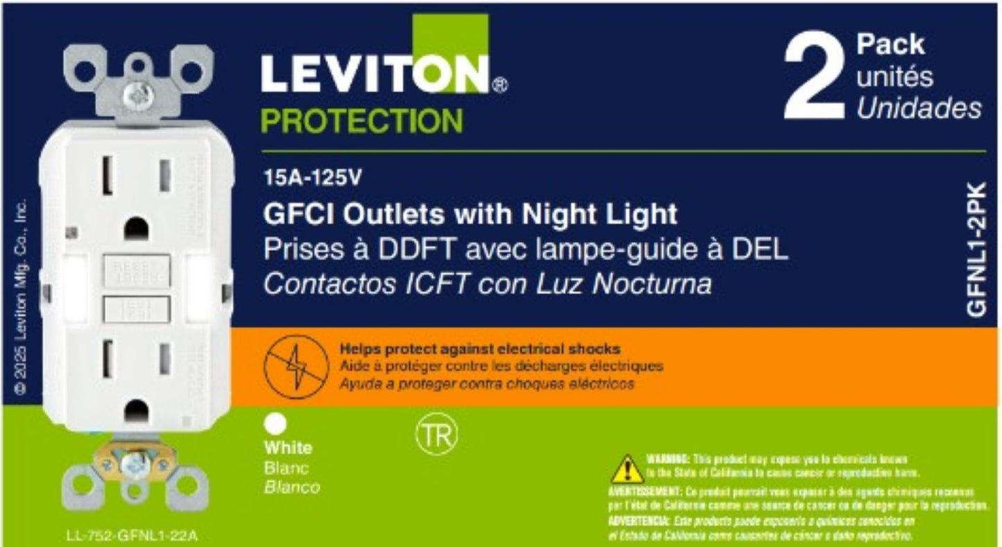 Leviton 2-Pack 15 Amp GFCI Receptacle with LED Guidelight, GFNL1-2PK, White