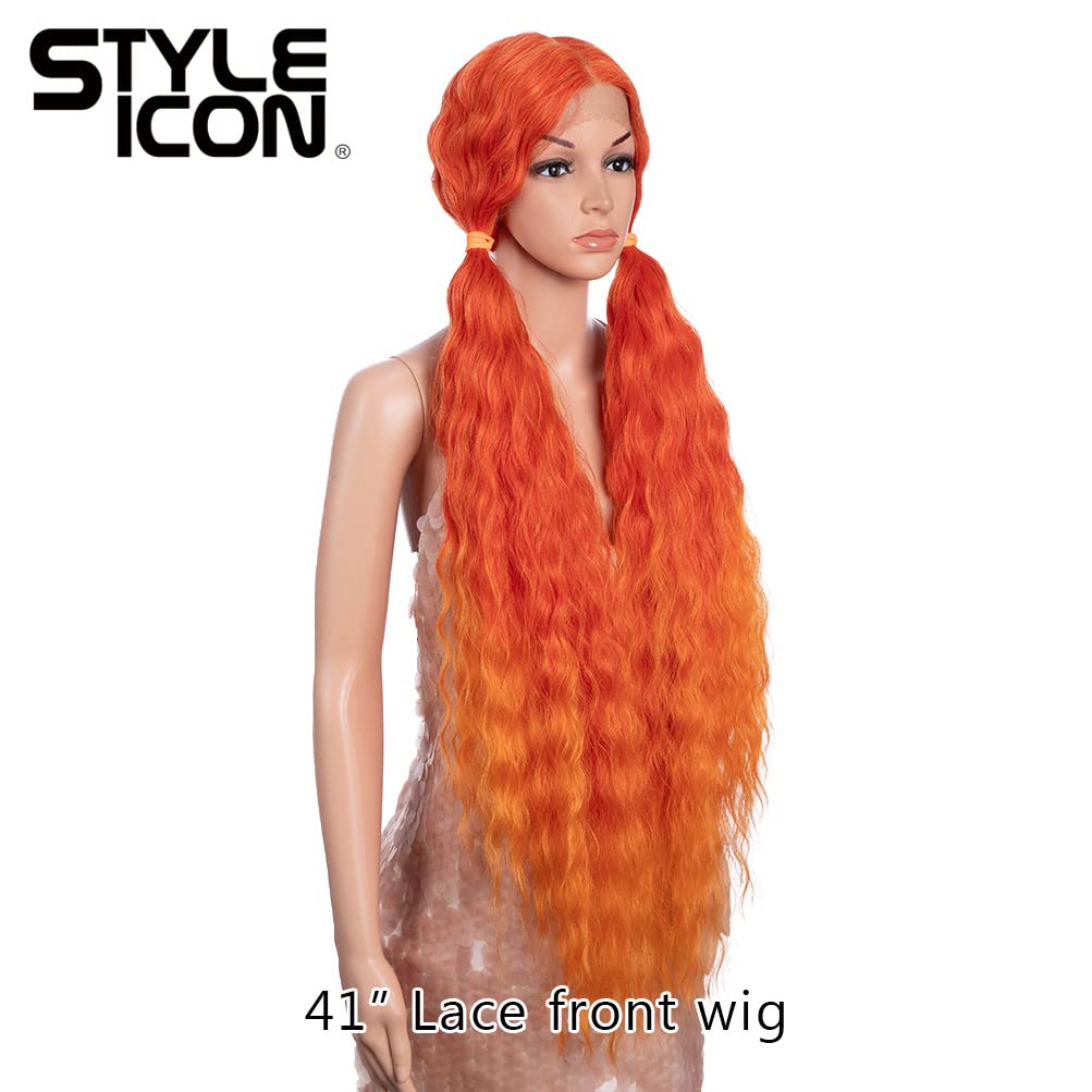 Style Icon 41" Lace Front Wigs Long Wavy Synthetic Wigs with Baby Hair Half Hand Tied 130% Density Wigs (41", T-RED/ORANGE)