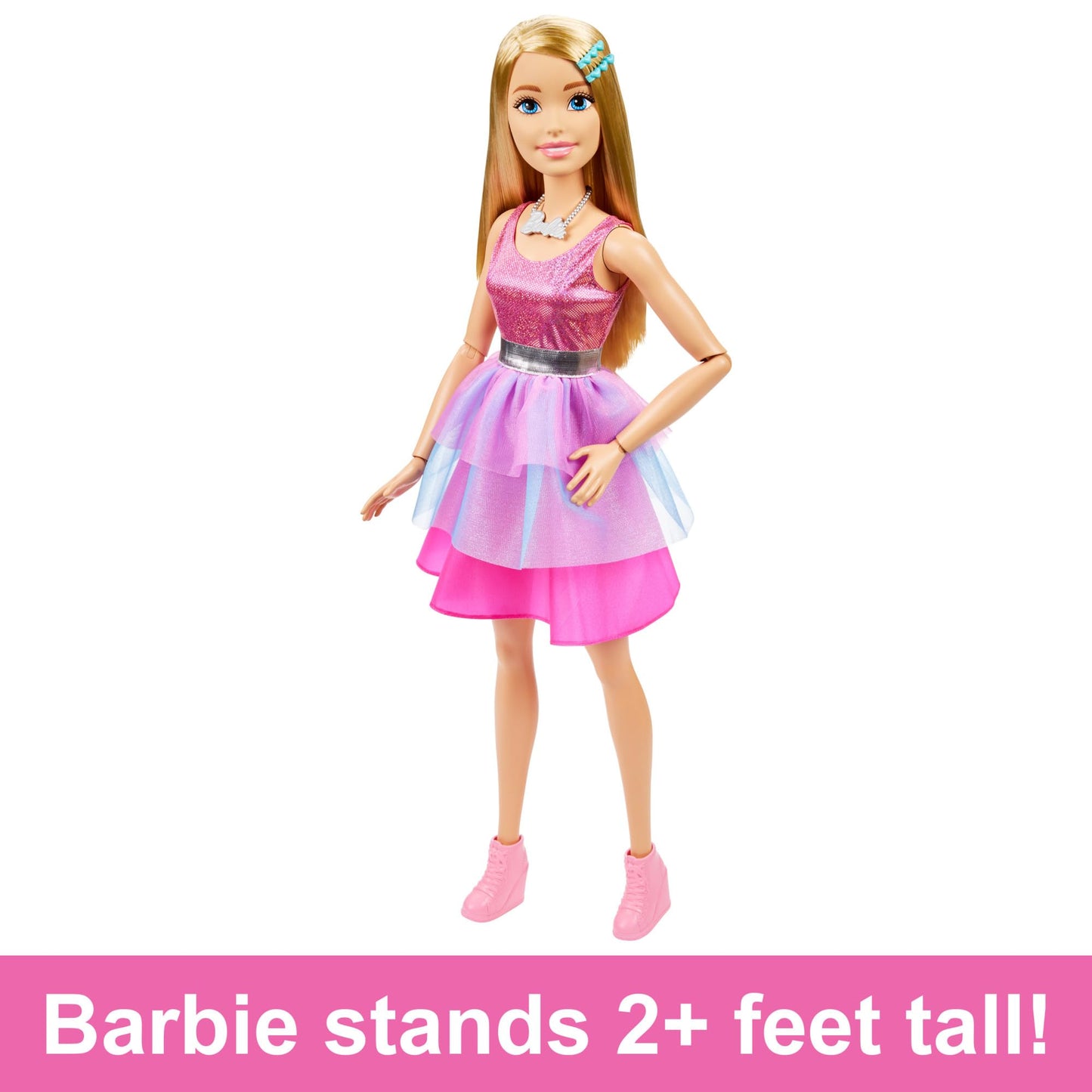 Barbie Large Doll with Blond Hair, 28 Inches Tall, Shimmery Pink Dress with Necklace and Hair Clip Accessories