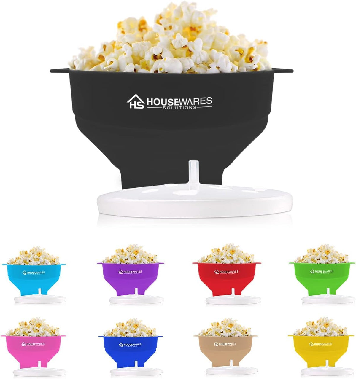 Collapsible Silicone Microwave Hot Air Popcorn Popper Bowl With Lid and Handles - Black