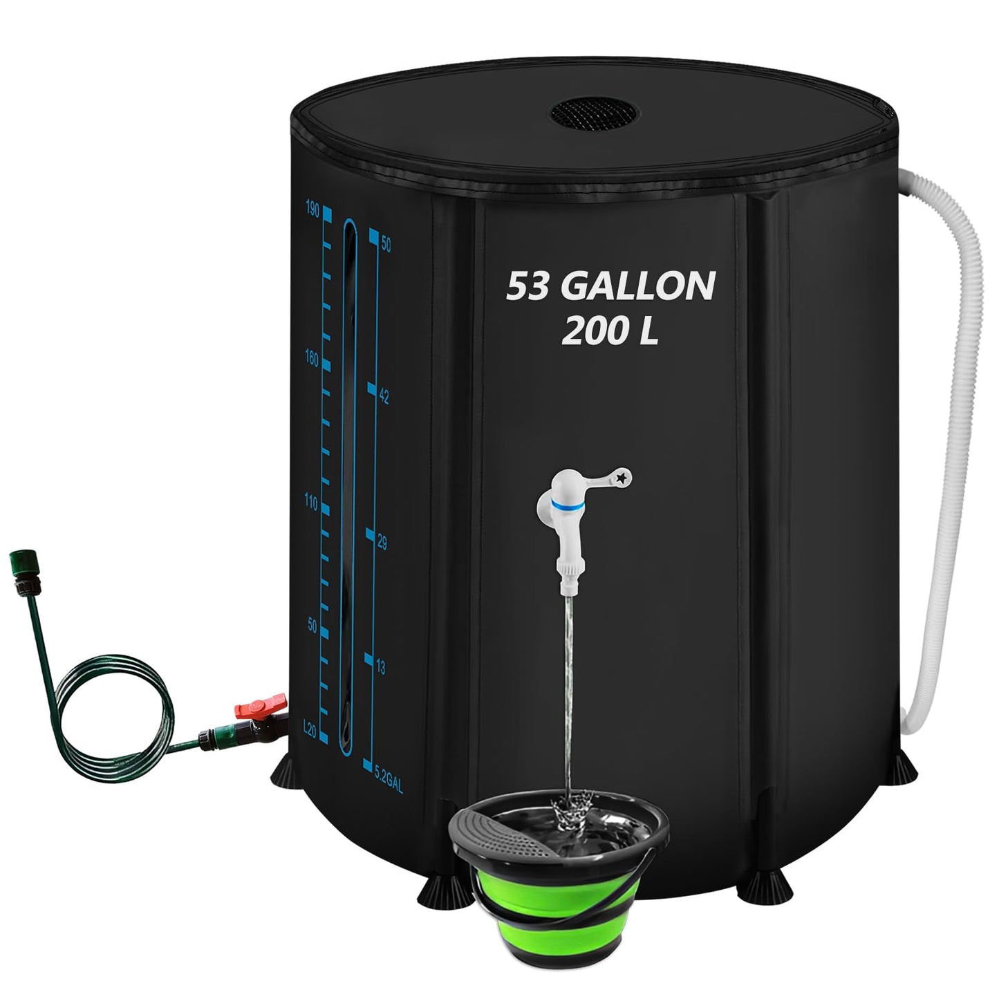 53Gallon/200L Rain Water Collection Barrel, Portable PVC Rain Barrels to Collect Rainwater from Gutter, Large Capacity Rainwater Collection System with Water Level for Garden Water Catcher, Black