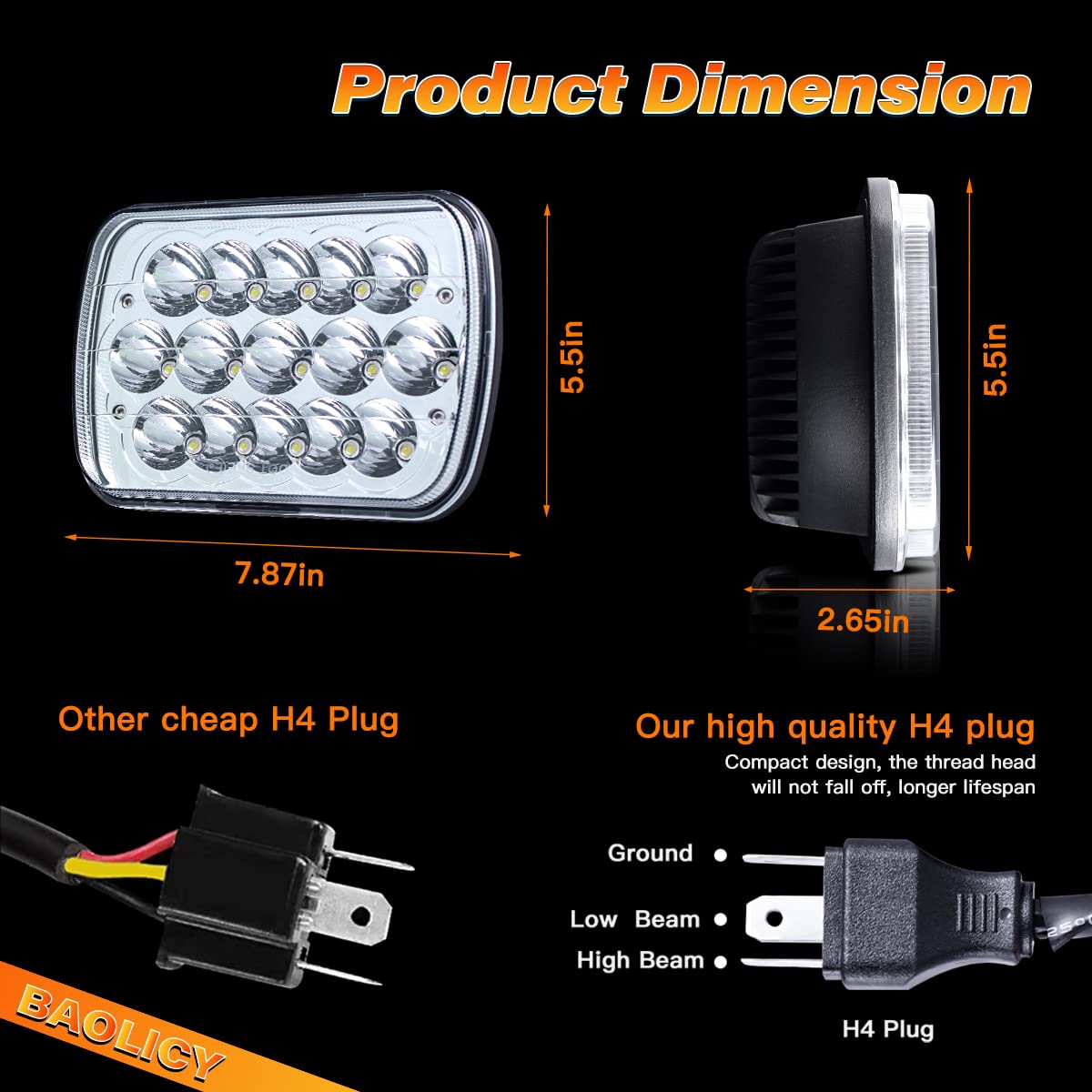 BAOLICY 5x7 H6054 LED Headlights DOT Approved Rectangular 2PCS 45W Hi/Low Sealed Beam 7x6 H6052 6054 H5054 H6054LL 69822 Head Lights for XJ YJ Chevy S10 Blazer Ford Probe Truck Van