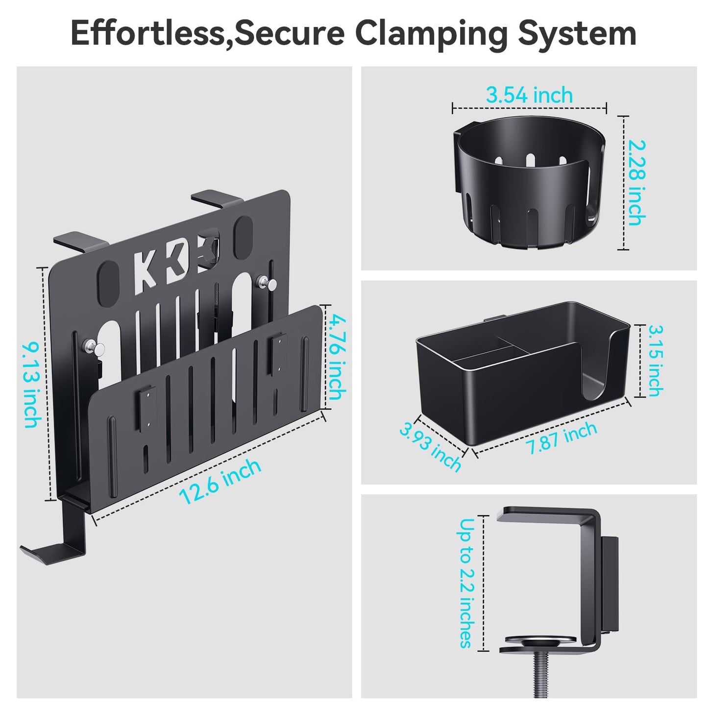 KDD 7 in 1 Desk Side Organizer Set, Under Desk Laptop Holder Storage, No Drill Laptop Mount with 2 Cup Holder, Pen Holder, Headphone Hanger and 2 Pin Magnet, Detachable Hanging Stand for Office & Home