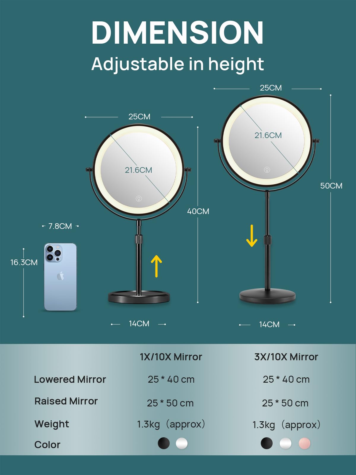 OMIRO 1X/10X Makeup Mirror with Lights,8.5 Inches Double Sided Vanity Mirror with Height-Adjustable Stand,Magnifying Mirror with 3 Color Light (Black)