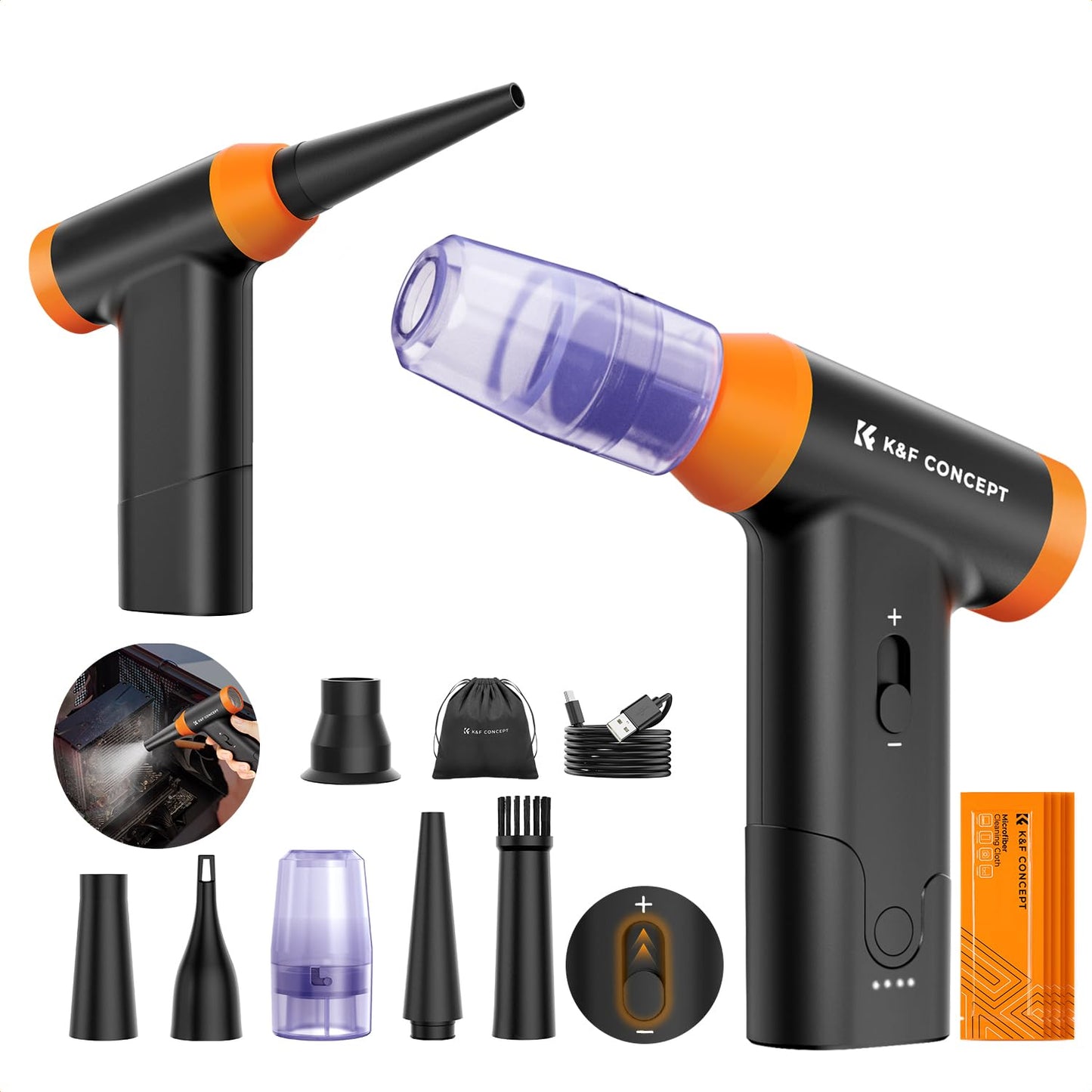 K&F CONCEPT 2-in-1 Compressed Air Duster with LED Light, 150000RPM Air Blower with Vacuum Cleaner, Speed Adjustable Rechargeable Compressed Air for PC Laptop Computers Keyboard Car Outdoors