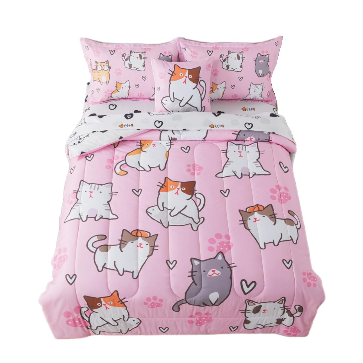 lishjekee 6 Pieces Cute Cat Comforter Twin for Girls Pink Cats Bedding Set Bed in A Bag for Kids Kawaii Pets Kitten Comforter and Sheets Set Cartoon Animal Bed Sets Home Decor