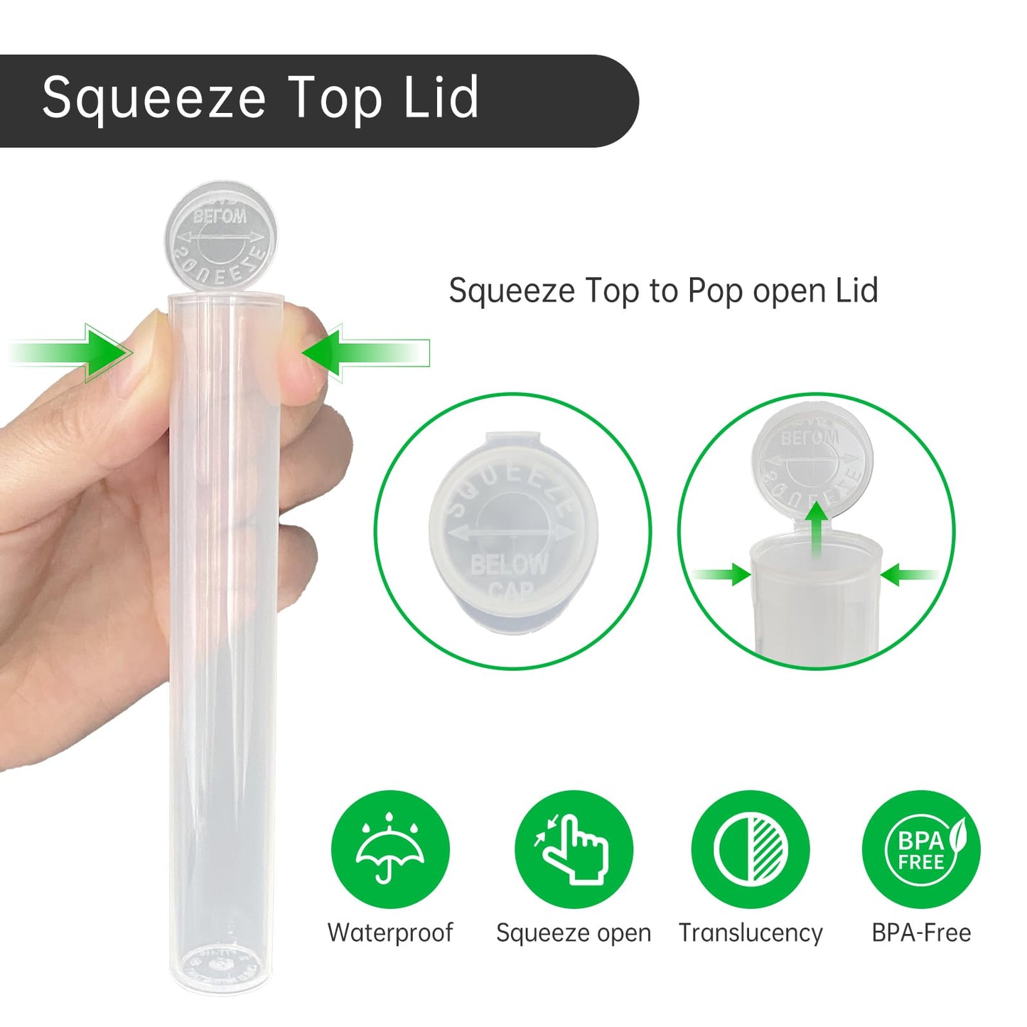 116mm Pre Roll Tubes with Caps, King Size BPA Free Plastic Storage Tubes Child Resistant Tubes Squeeze Pop Tops (White, 300)