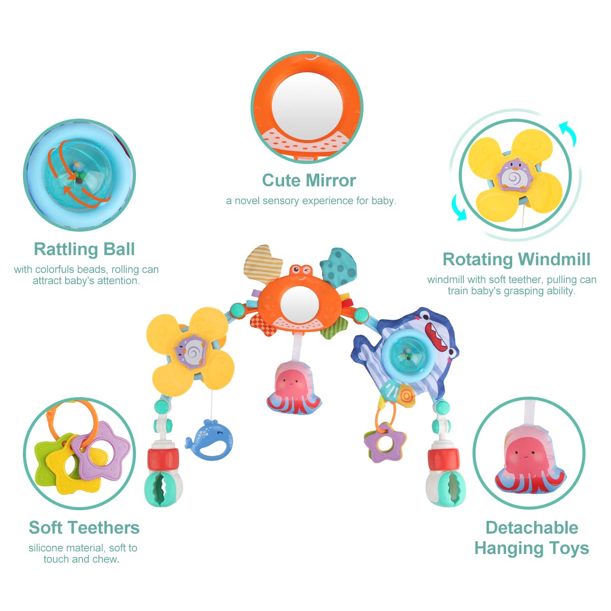 Joyfia Baby Stroller Arch Toy, Newborns Sensory Activity Arch Toy with Teethers, Rattle, Mirror & Windmill, Crib Car Seat Toys for Infants Toddlers 0-12 Months, Developmental Gifts for Boys Girls